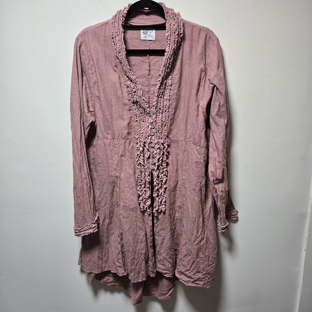 Completo Lino By Arthurio Pink Tunic Duster Blouse Size L Ruffles 100% Linen